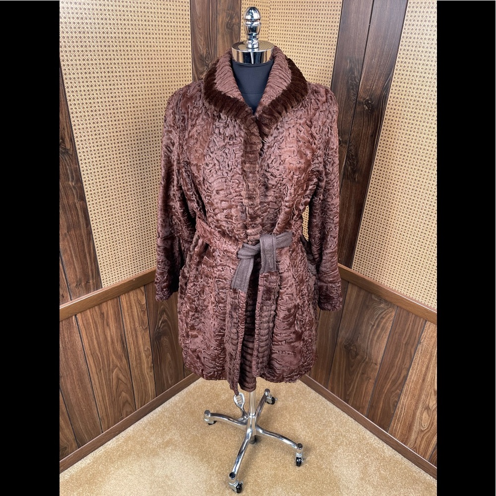 Dworkin Furs Brown Persian Lamb & Sheared Beaver Trim Fur Coat Jacket Small